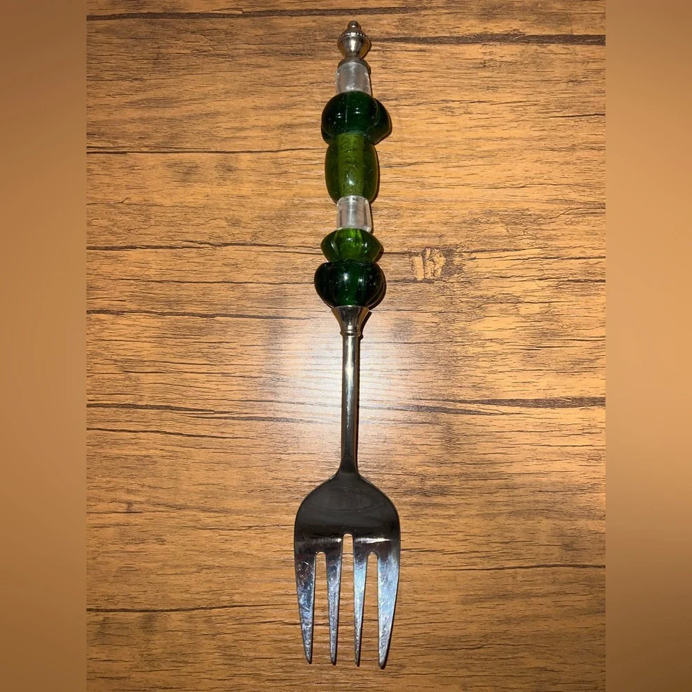 Vintage Pottery Barn Y2K Long Green Beaded Serving Spoon and Fork Set No Box